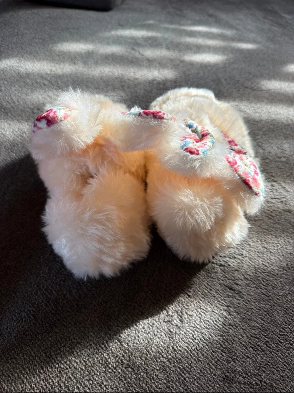 Kids Plush Bunny Slippers in Cream with Floral Ears